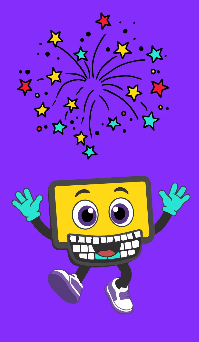 Mascotte PeakCL bras levés, feux d'artifice étoilés, expression de joie