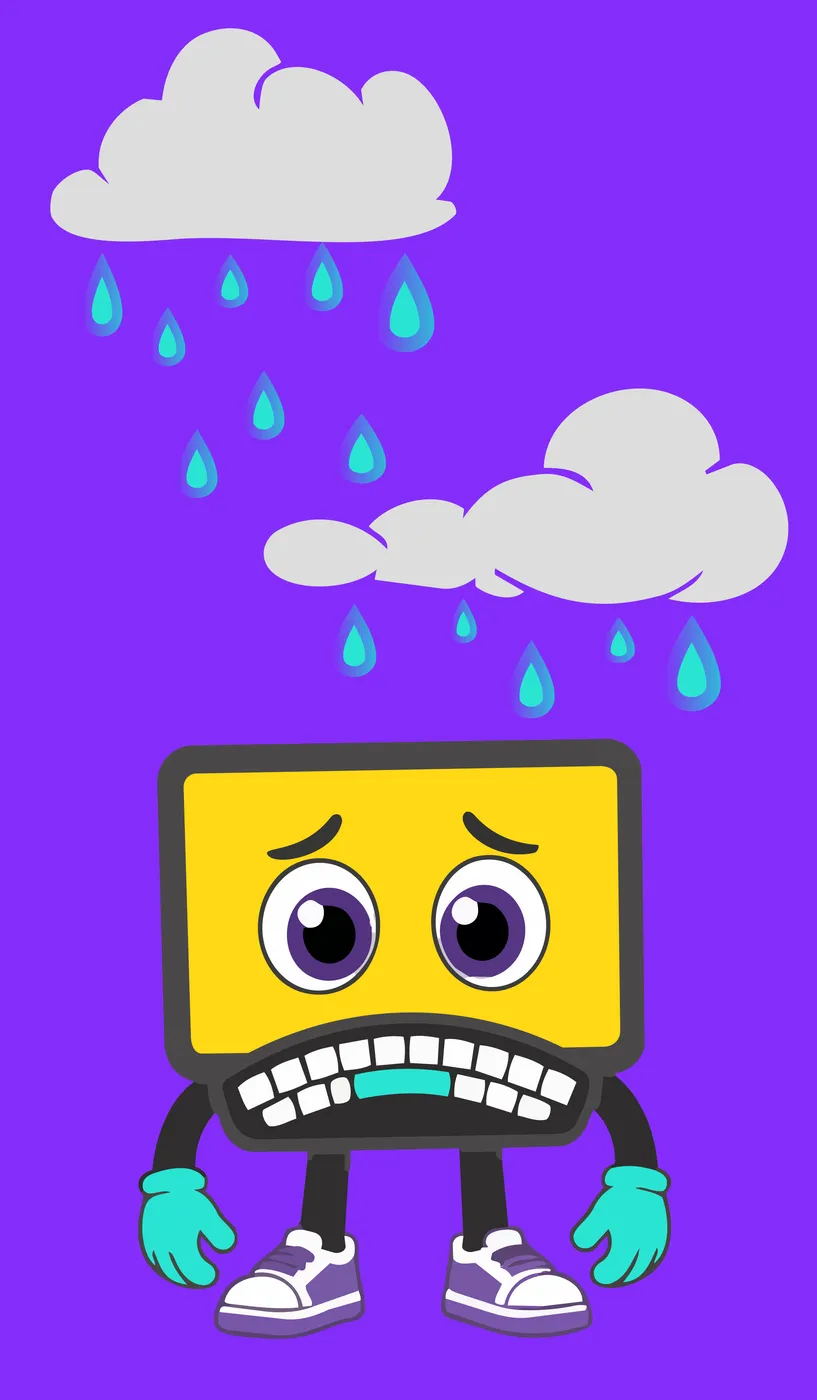 Mascotte PeakCL triste sous un nuage de pluie