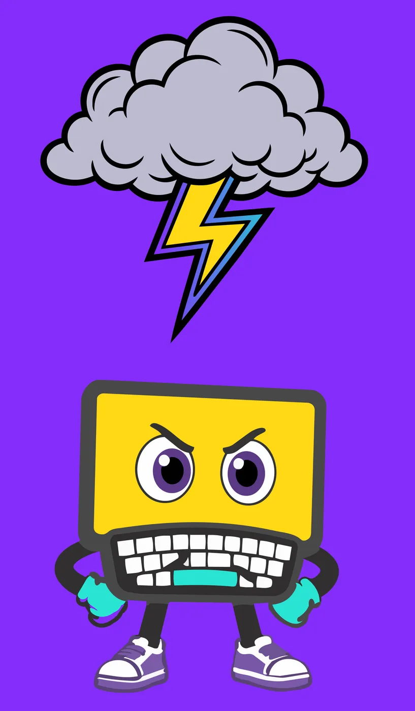 Mascotte PeakCL en colère, nuage d'orage et éclair au-dessus de la tête